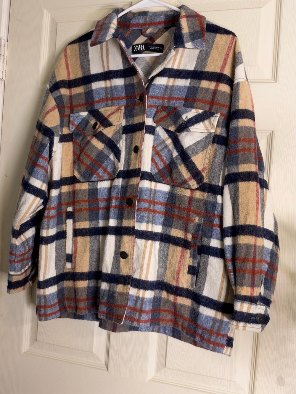 ZARA Plaid Overshirt in Cream, Blue & Tan Tones
